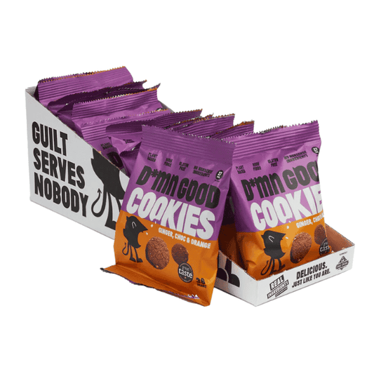 Box of Damn Good Cookies with purple and orange packaging on a white background