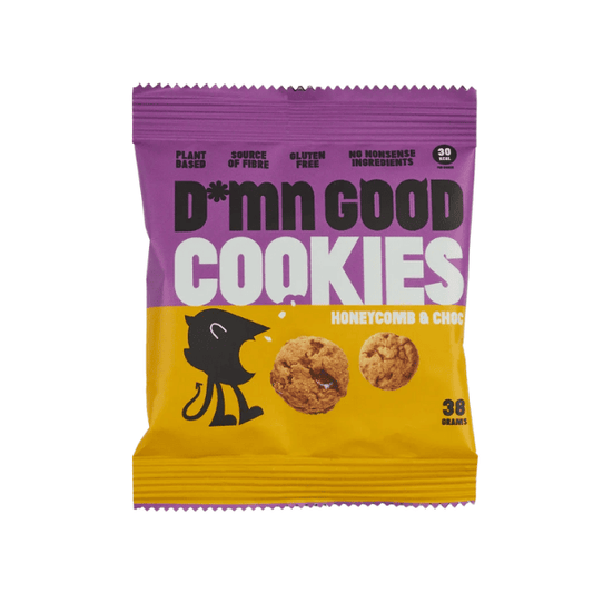 Packaged Damn Good Cookies with purple and yellow design on a white background