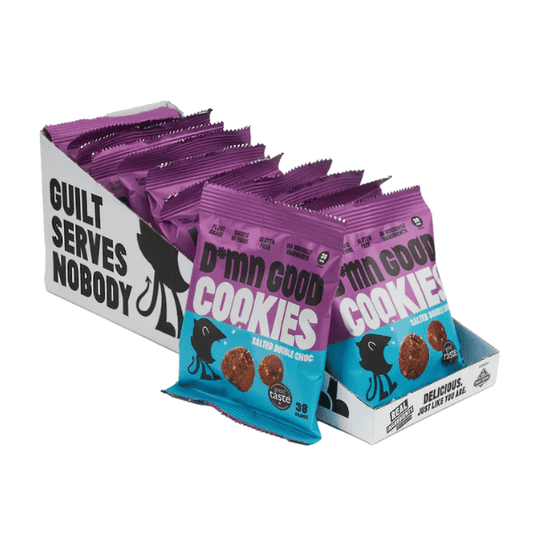 Packaging Damn Good Cookies Salted Double choc with purple and blue design on a white background