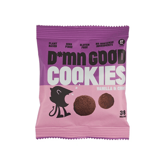Purple package of Damn Good Cookies with vanilla and chocolate flavor text.