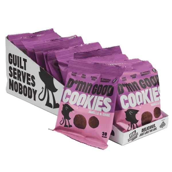 Pink packages of Damn Good Cookies with a white box labeled 'Guilt Serves Nobody' on a white background.