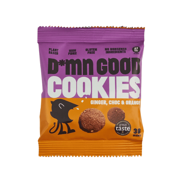 Damn Good Cookies Ginger Choc and Orange. Purple and orange design on a white background