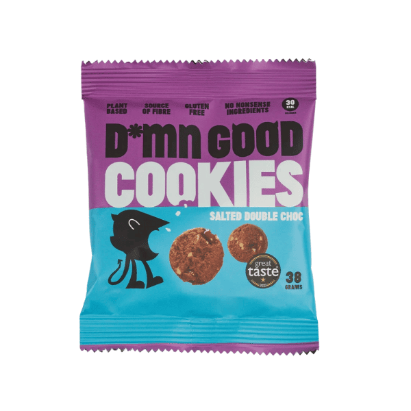 Packaged Damn Good cookies with purple and blue design on a white background