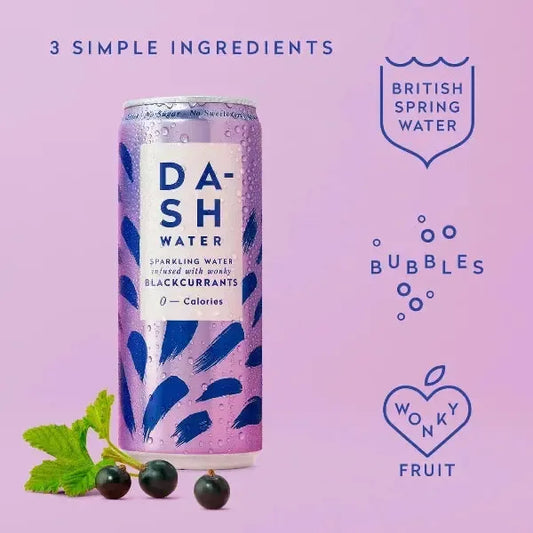 Dash Water Blackcurrant sparkling water with branding and ingredients listed on a purple background
