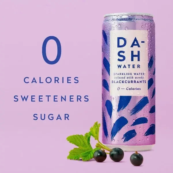 DASH Water Sparkling blackcurrant drink can. Zero Calories purple background.