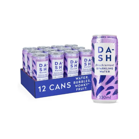Dash Water Blackcurrant Sparkling Water cans with a blue box containing 12 cans on a white background.