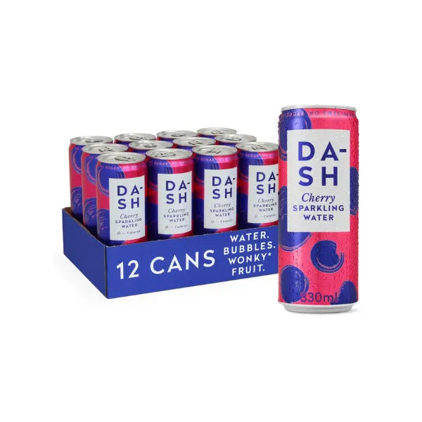 Packaging of Dash cherry sparkling water cans on a white background