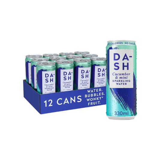 Pack of 12 DASH cans with blue and white design on a white background