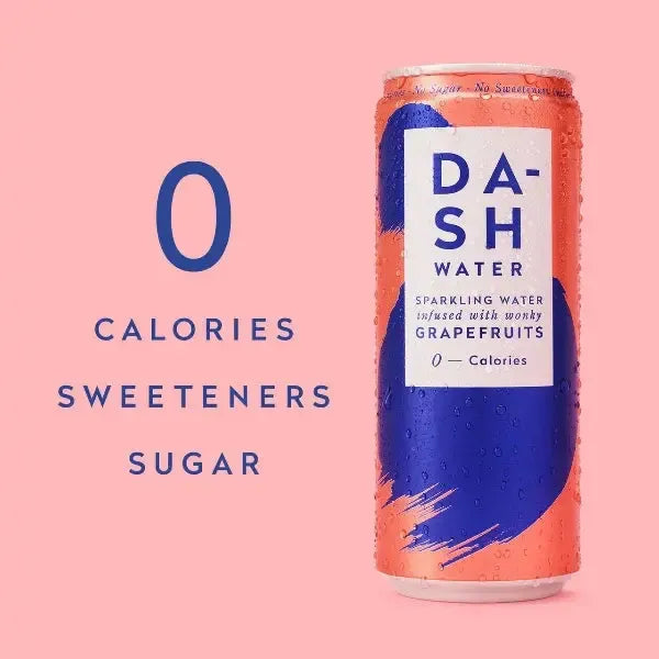 Can of DASH Water on a pink background with text about calories, sweeteners, and sugar.