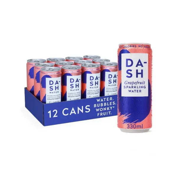 Dash Water Grapefruit Sparkling Water cans with a box of 12 cans on a white background.