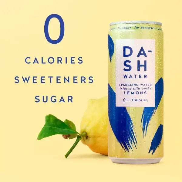 DASH Water Lemon Flavour with lemon and zero calories text on a yellow background