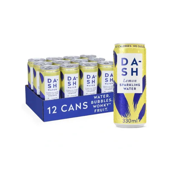 Case of Dash Water Lemon sparkling water drinks cans on a white background