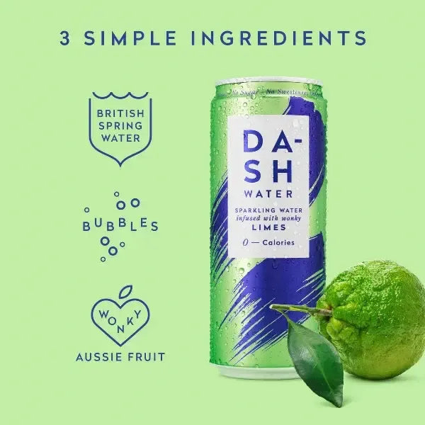 Dash water ingredients with lime and text on a green background