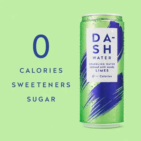 DASH Water Lime Sparkling drink on blue text saying zero calories