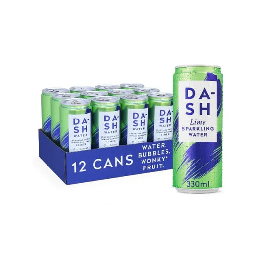 Case of DASH Water Lime Sparkling Water  with 12 cans in a box on a white background