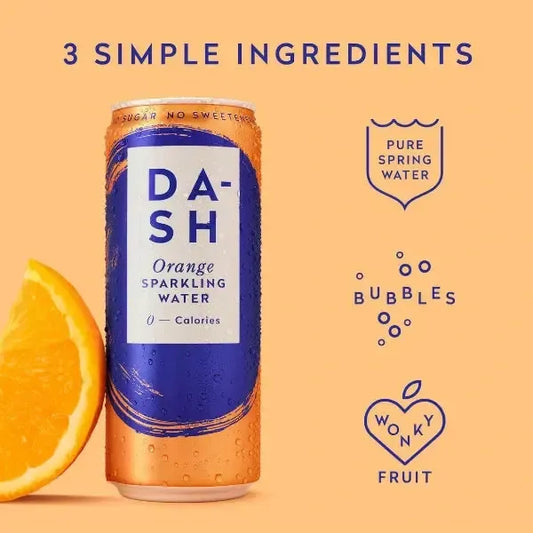 Dash Water Orange Sparkling Water Ingredients listed on an orange background