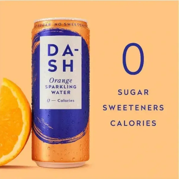 Can of DASH Water Orange Sparkling Water with text saying zero calories