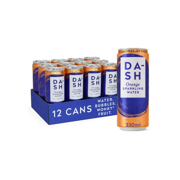 Case of Dash Water Orange Sparkling Drink with a blue box containing 12 cans on a white background.