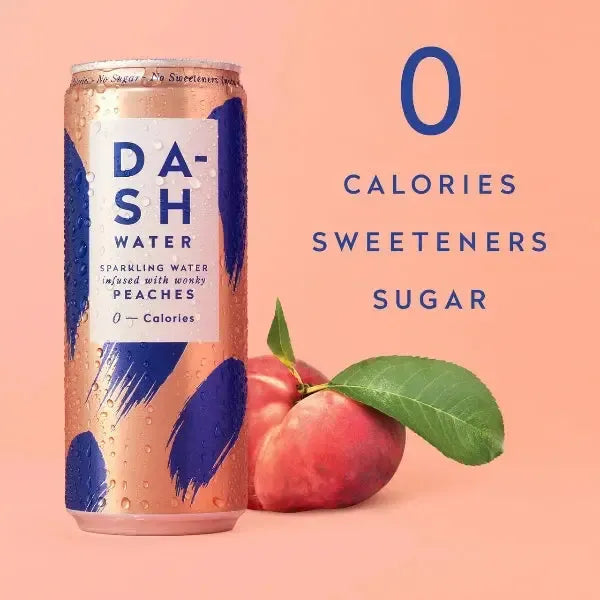 Can of DASH Water Peach flavour with text Zero Calories