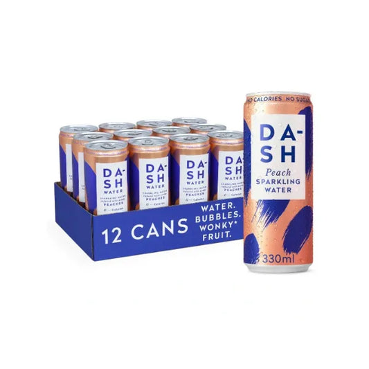 Pack of 12 cans of Dash Water Peach Sparkling water cans with a single can displayed in front.