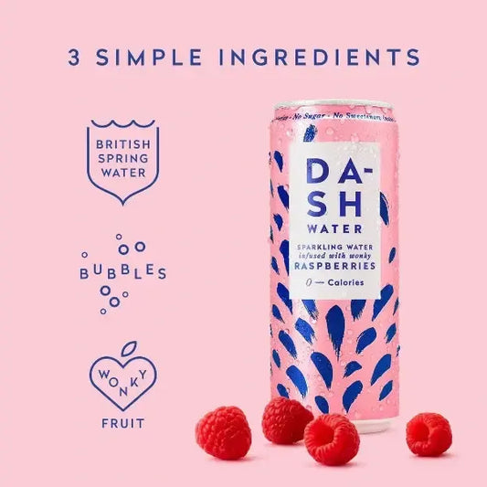 DASH Water Raspberry flavour ingredients with picture of can on pink background