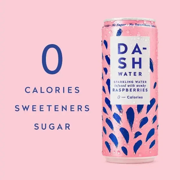 Can of DASH Water Raspberry Flavour with text saying Zero Calories, Sweetener or Sugar on a pink background