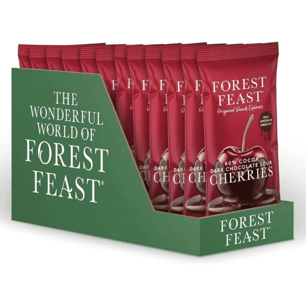 Outer case of 12 Forest Feast dark chocolate sour cherries display packaging on a white background