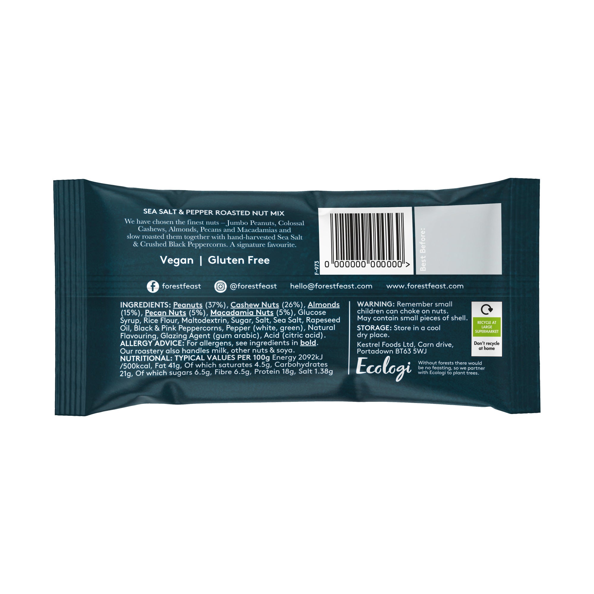 Image of Forest Feast Nut Mix with Crushed Black Peppercorns & Sea Salt 40g rear of pack showing ingredients and barcode