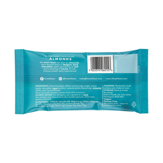 Image of Forest Feast Sea Salted Dark Chocolate Almonds 40g packaging rear showing ingredients and barcode