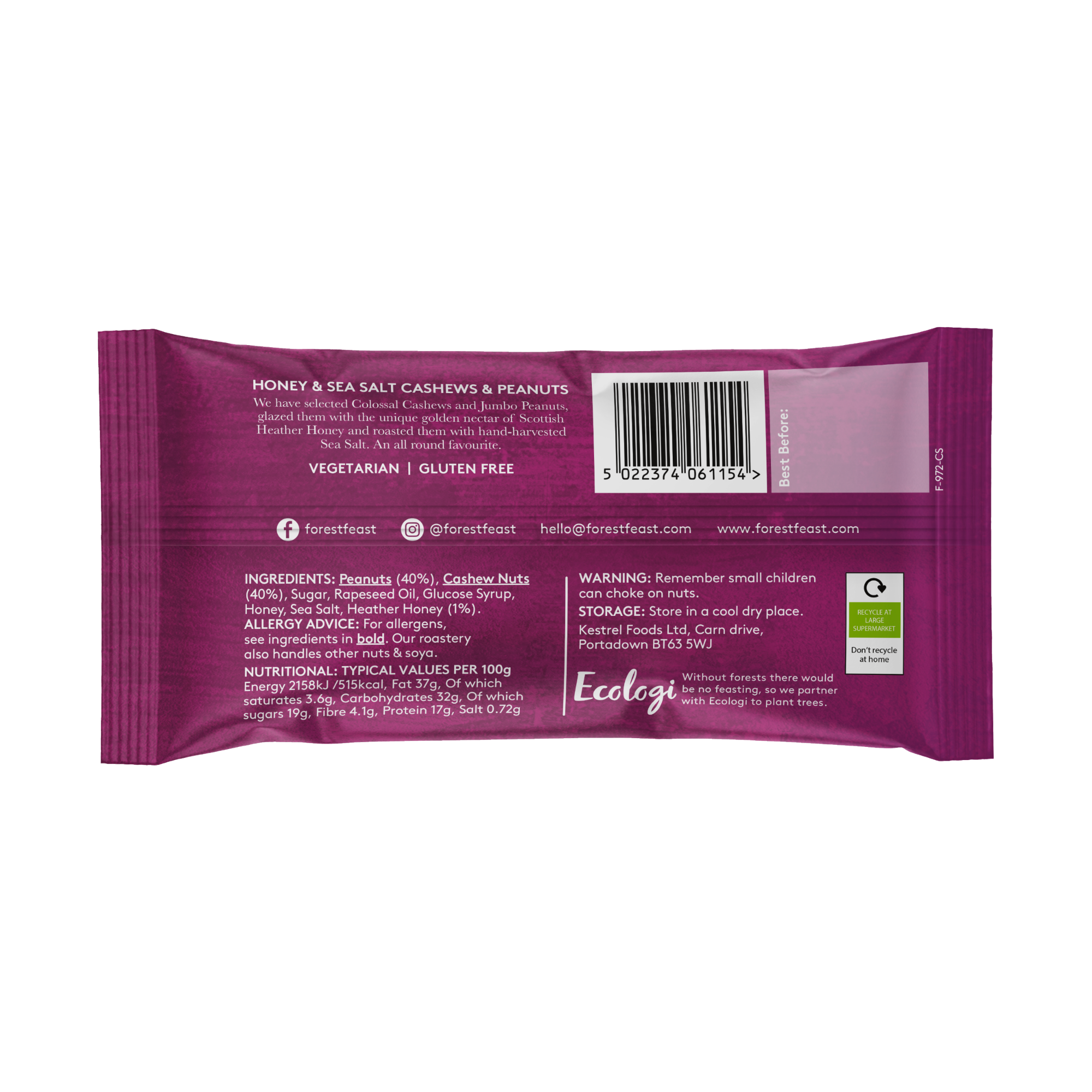 Image of forest feast honey sea salt cashew and peanuts packaging rear showing ingredients and barcode