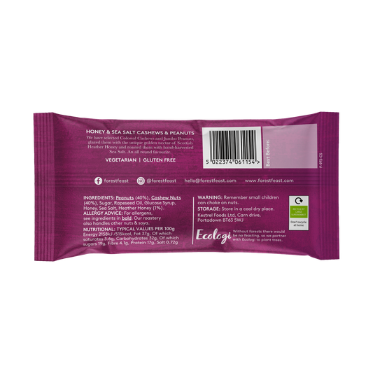 Image of forest feast honey sea salt cashew and peanuts packaging rear showing ingredients and barcode