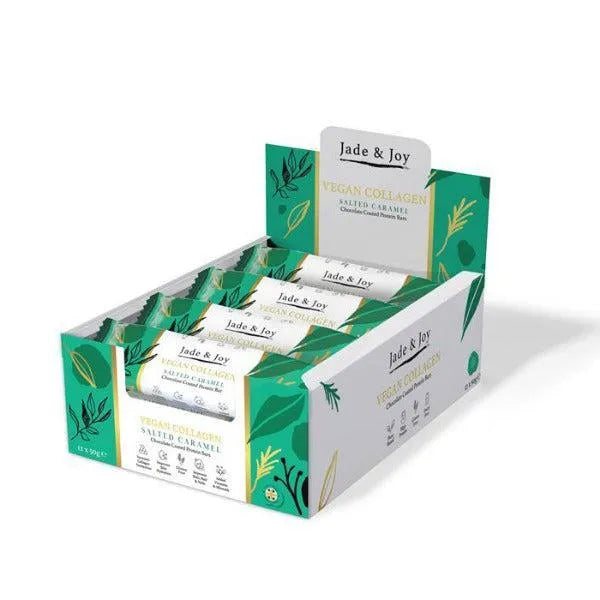 Display box of Jade & Joy vegan collagen bars on a white background