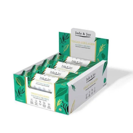 Display box of Jade & Joy vegan collagen bars on a white background