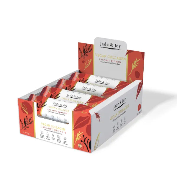 Display box of Jade & Joy vegan caramels on a white background