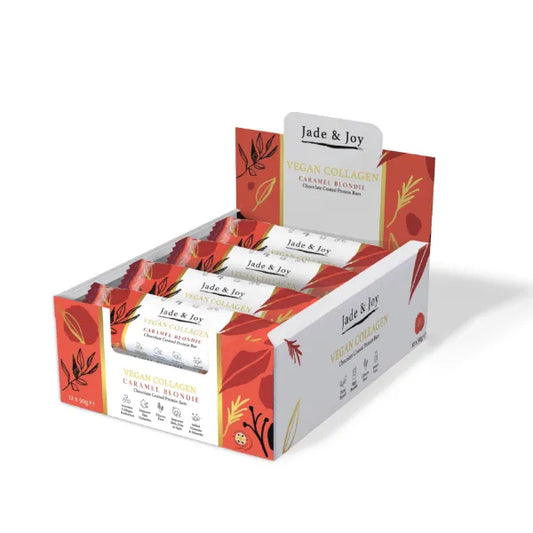Display box of Jade & Joy vegan caramels on a white background