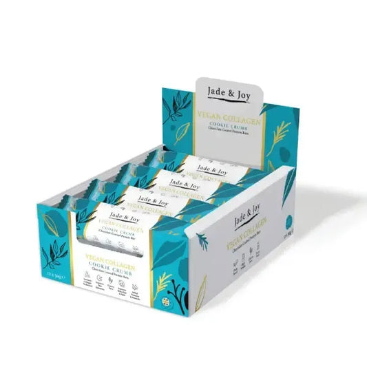 Display box of Jade & Joy vegan collagen cream bars on a white background