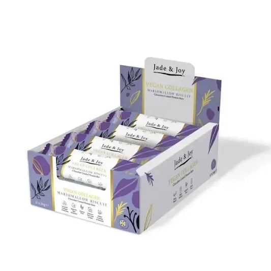 Display box of Jade & Joy marshmallow bars with purple and white design.