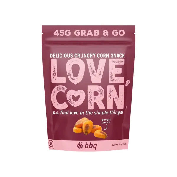Packaging of Love Corn BBQ snack on a white background