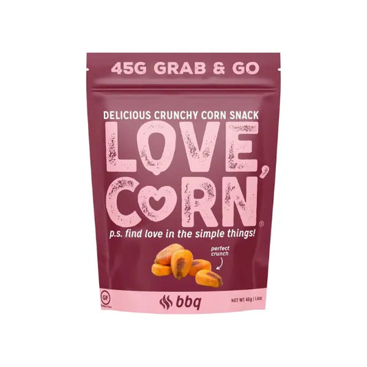 Packaging of Love Corn BBQ snack on a white background