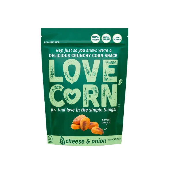 Green packaging of LOVE CORN cheese & onion flavor snack on a white background