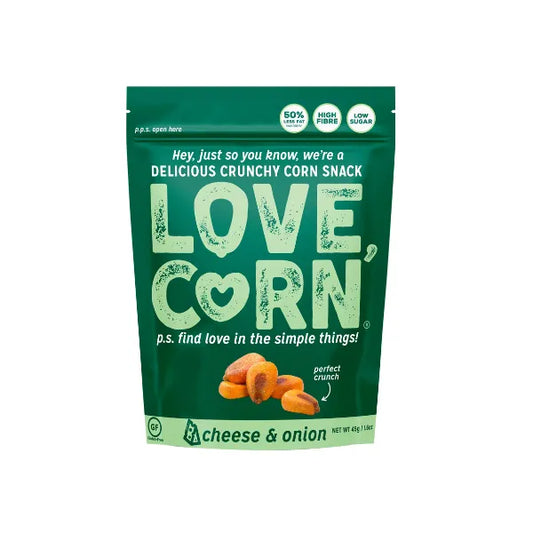 Green packaging of LOVE CORN cheese & onion flavor snack on a white background