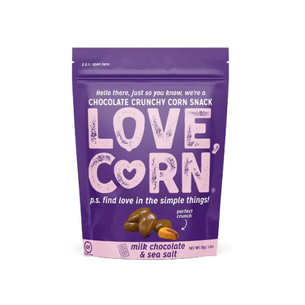 Purple packaging of LOVE CORN chocolate crunchy corn snack on a white background