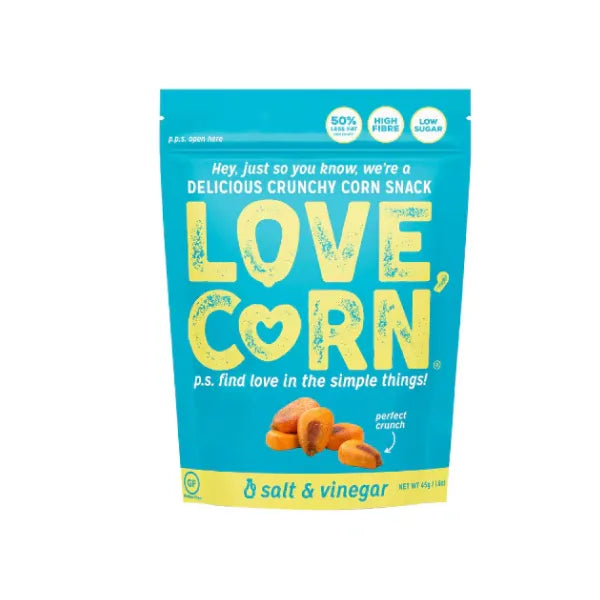 Love Corn salt & vinegar snack package on a white background