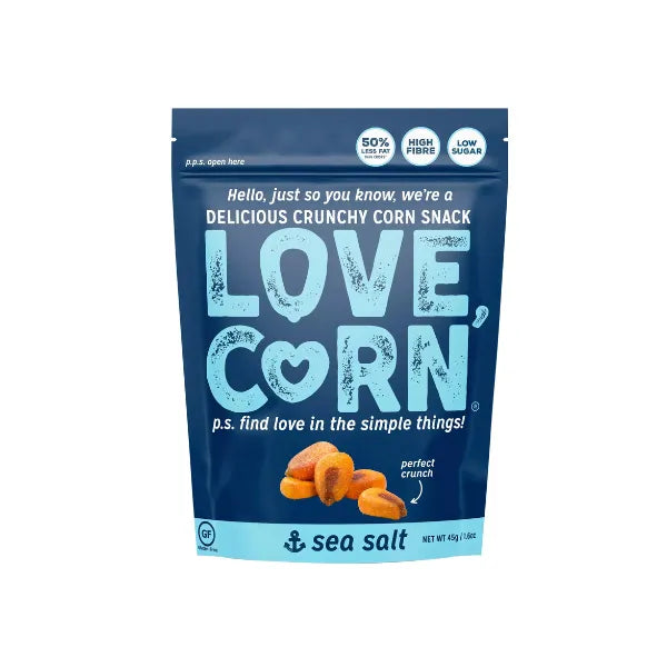 Package of Love Corn crunchy corn snack with sea salt flavor on a white background