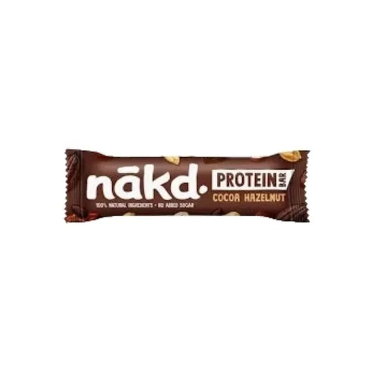 Nakd Protein bar with Cocoa Hazelnut flavor on a white background
