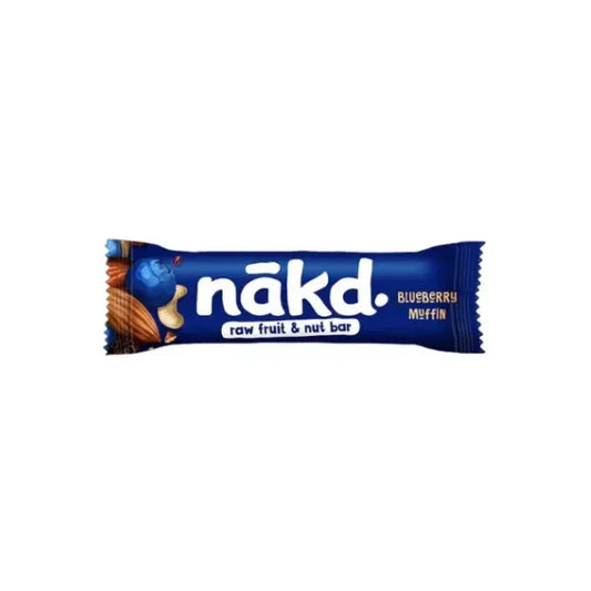 Nakd raw blueberry muffin fruit and nut bar packaging on a white background