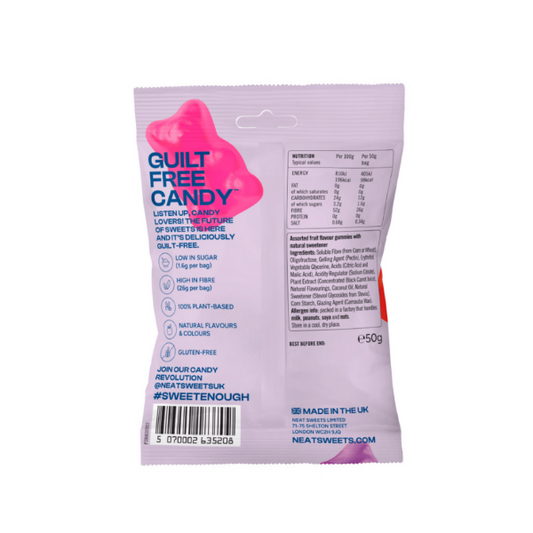 Neat Sweets Low Sugar Sweets rear of pack showing ingredients and nutritional information. Candy package with pink candy on a white background
