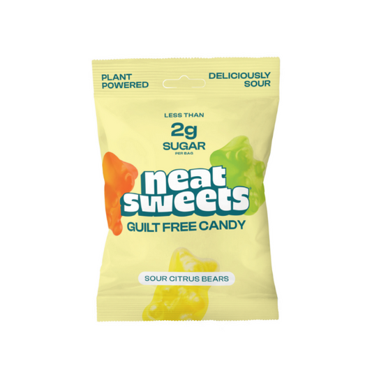 Packaging of Neat Sweets Sour Citrus Bears low sugar sweets. Yellow pack on  white background