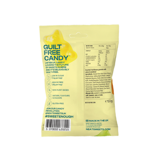 Rear of pack of Neat Sweets Sour Citrus bears showing ingredients and nutritional information about low sugar sweets. Yellow pack on white background