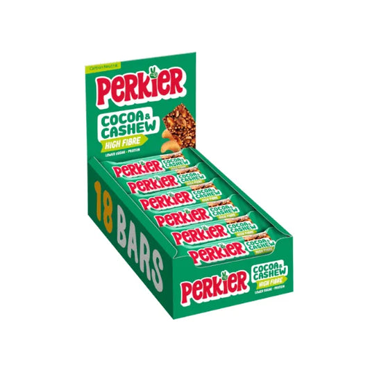 Box of Perkier Cocoa & Cashew bars on a white background